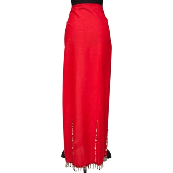 Handmade Red Beaded Coin Trim Wrap Skirt Cape OS Costume Boho Festival Sarong - Picture 4 of 12